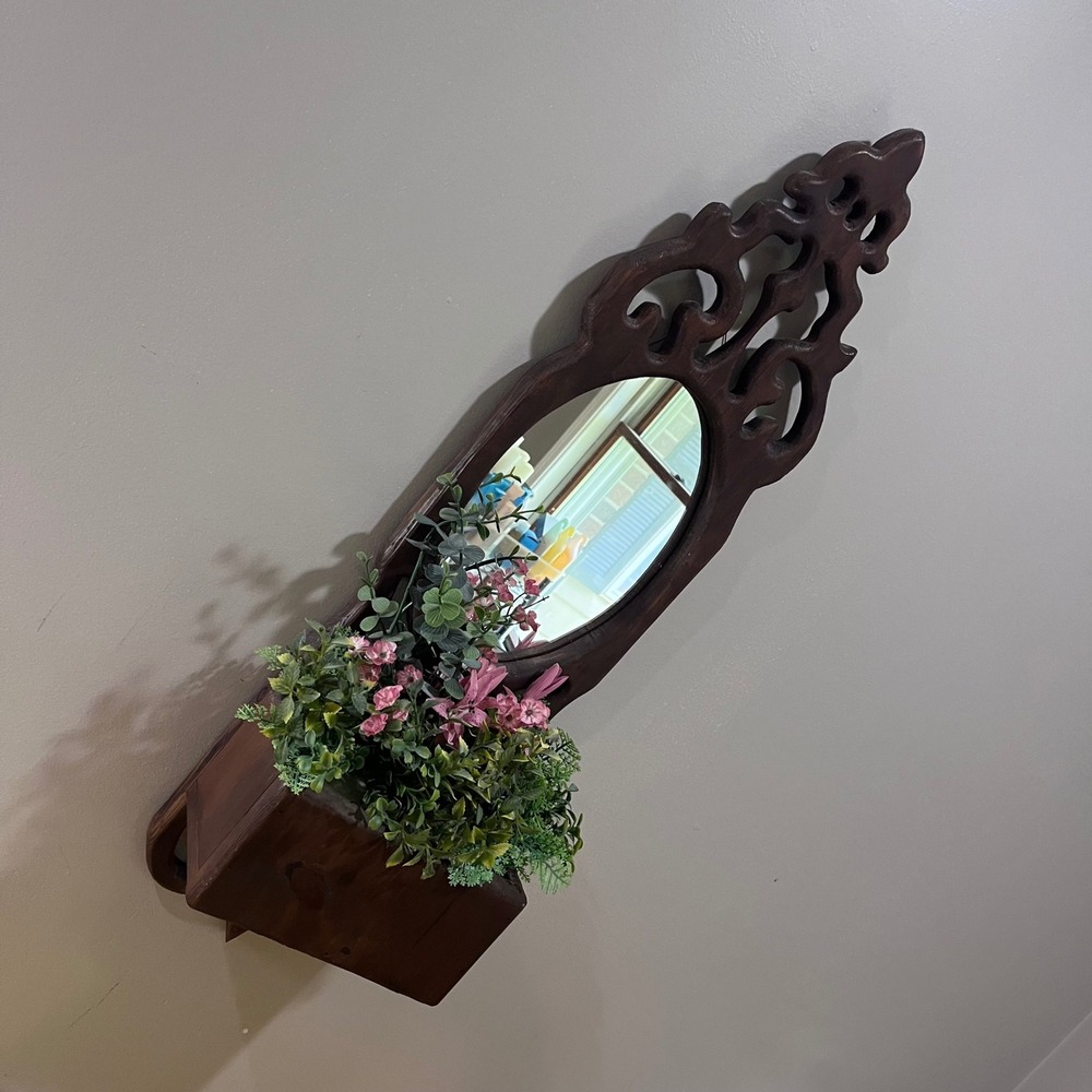 Vtg Rustic Wood Wall Pocket‎ Planter with Mirror Scrollwork Farmhouse Decor 32"